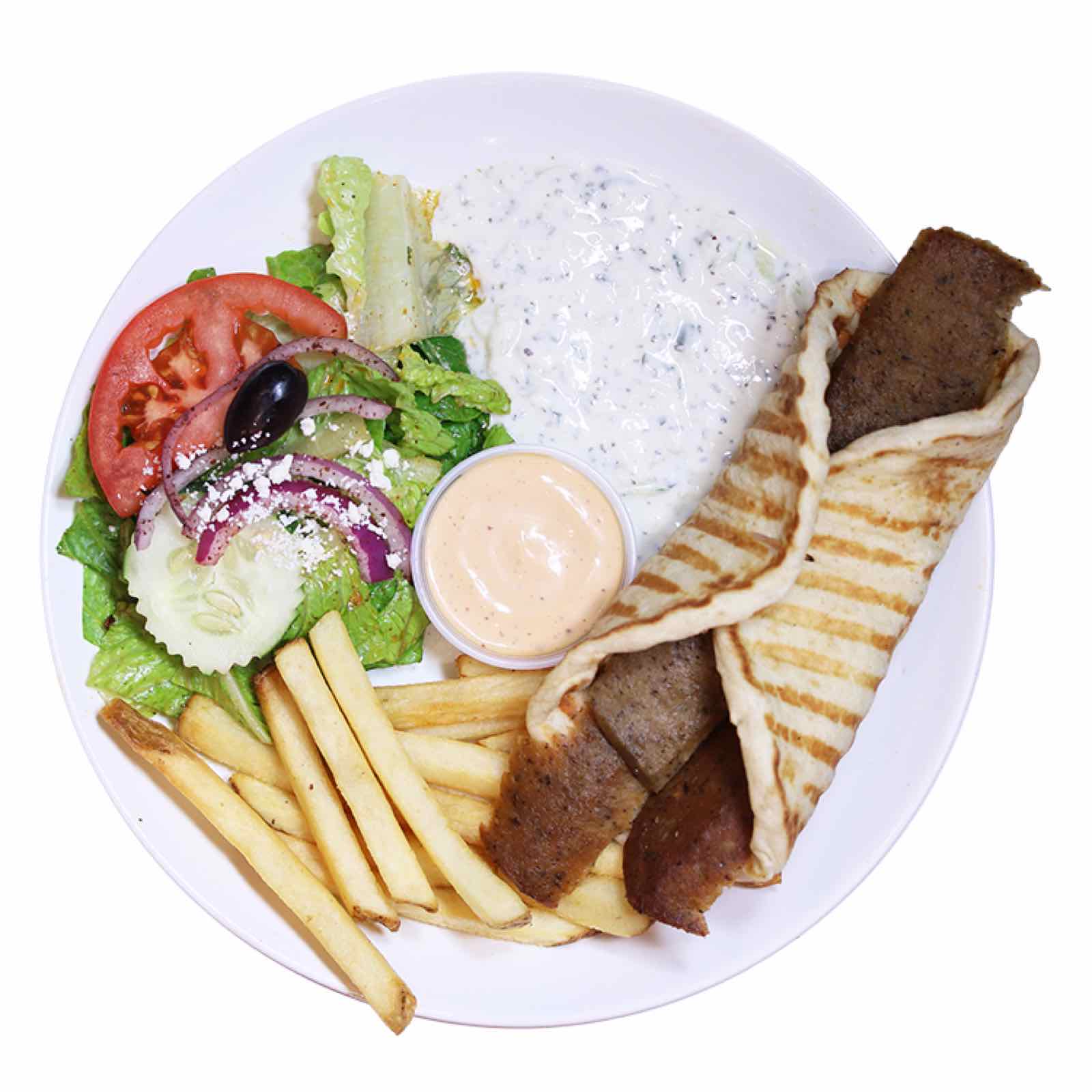 Gyro platter with fries, Greek salad and tzatziki