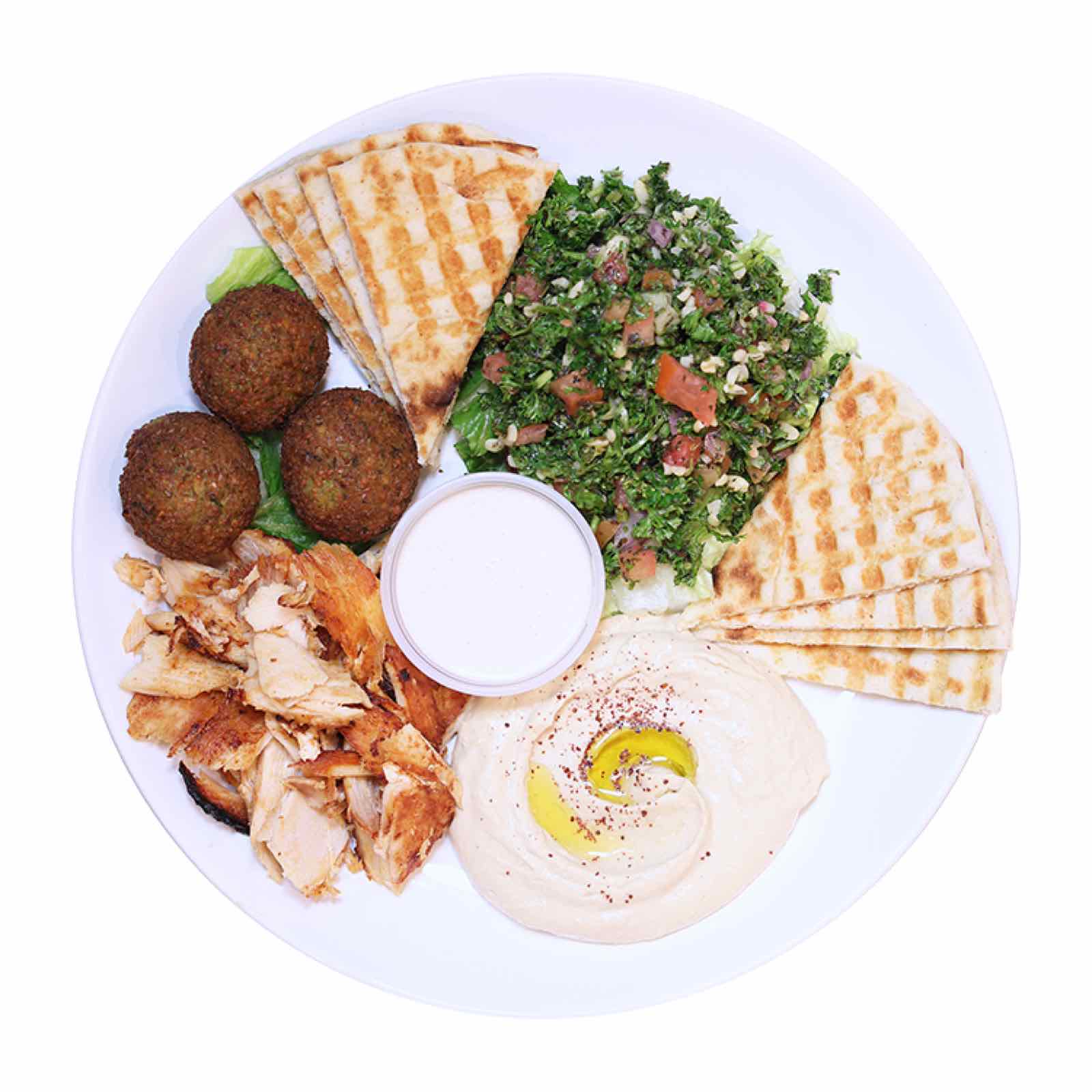 Lebanese platter with chicken, falafel, hummus and tabouli