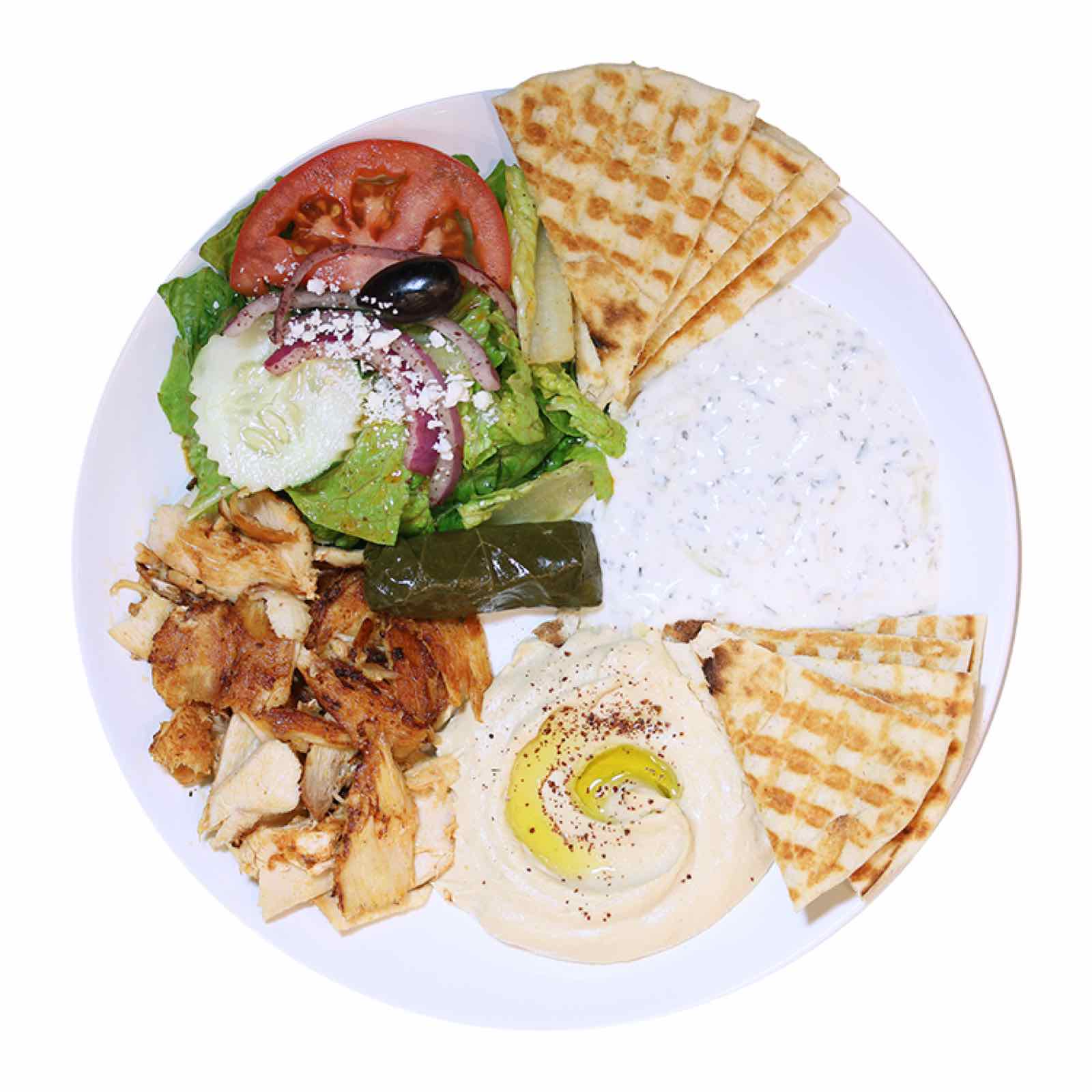 Mediterranean platter with chicken, Greek salad, hummus and pita