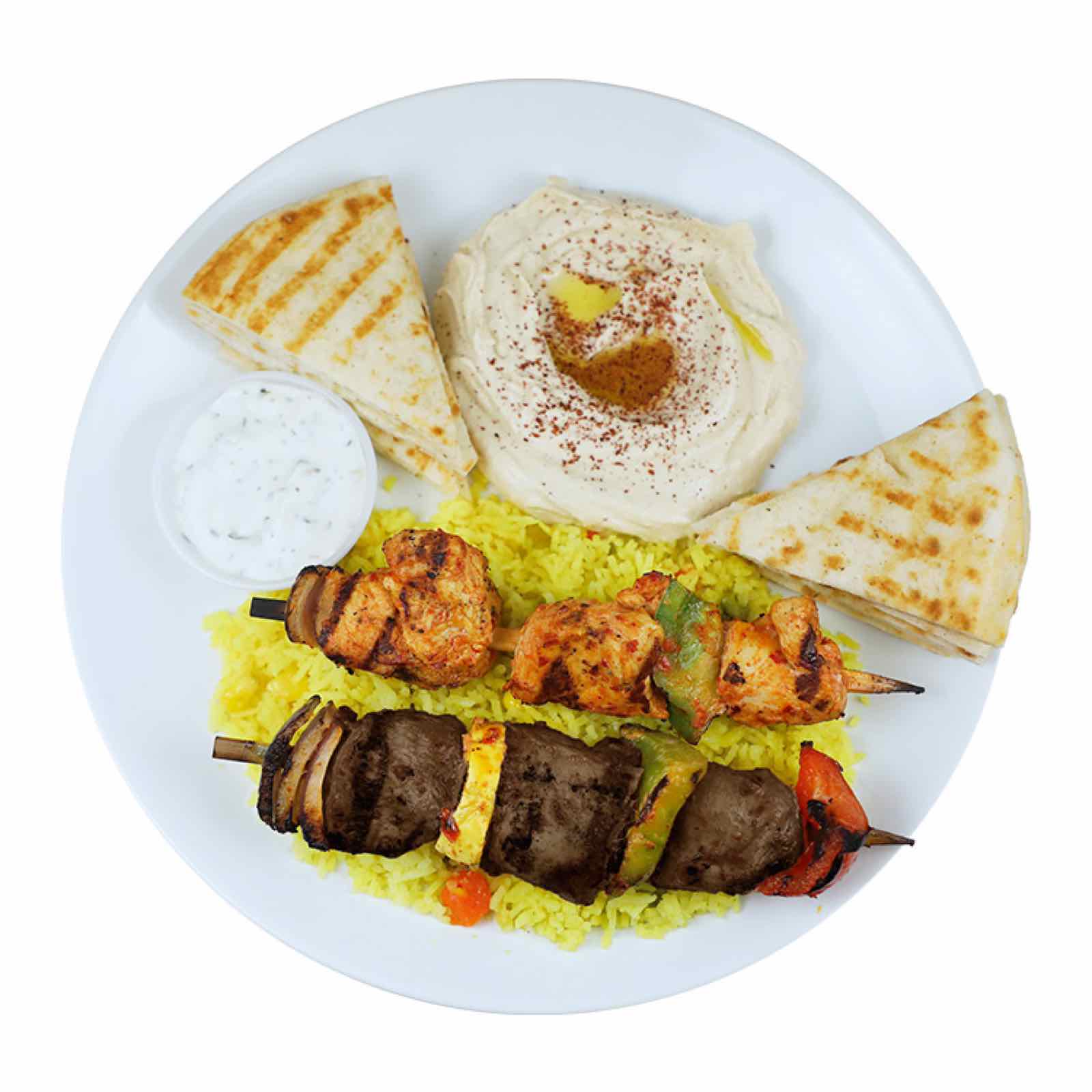 Mixed chicken and steak kabob skewers
