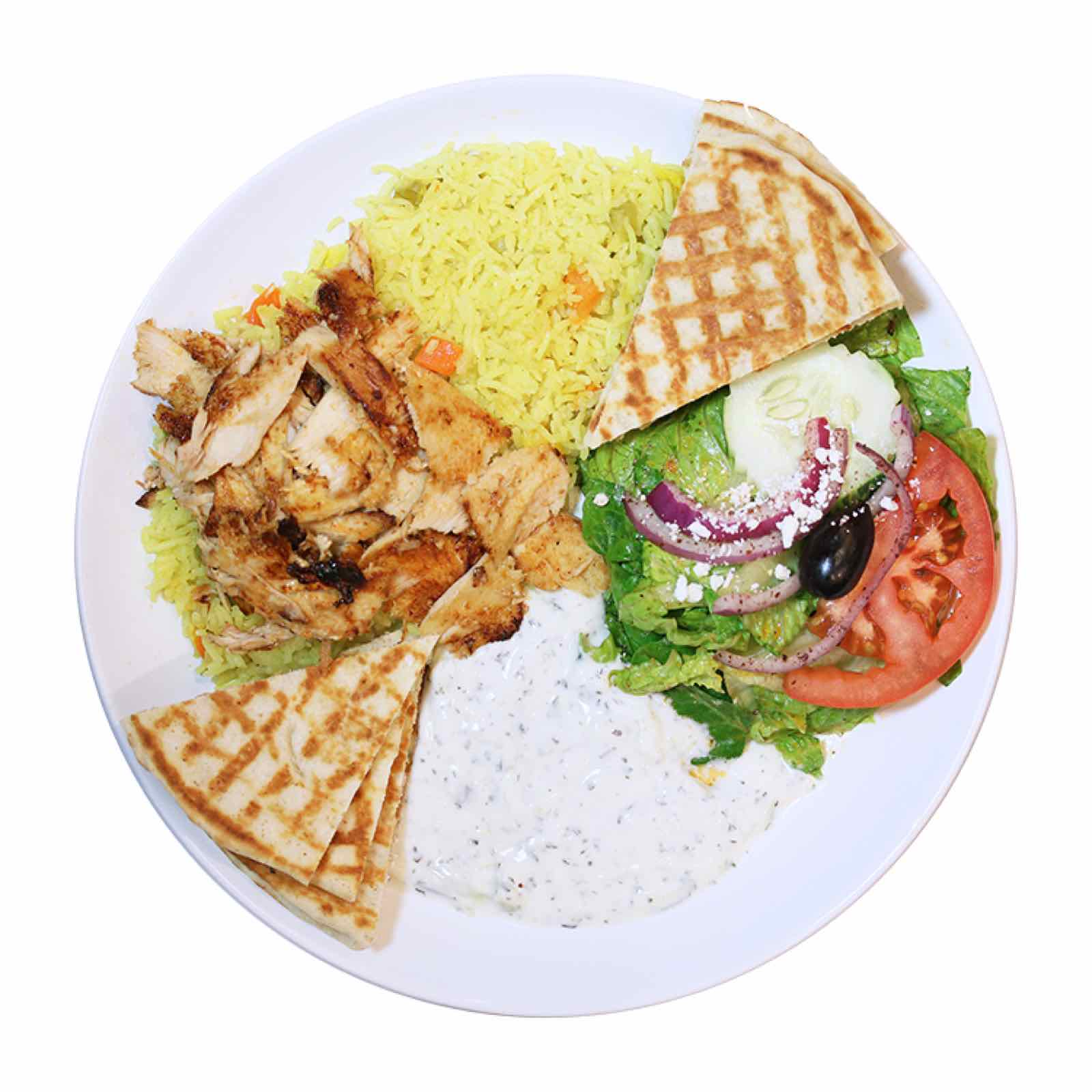 Chicken rice platter with basmati rice and Greek salad